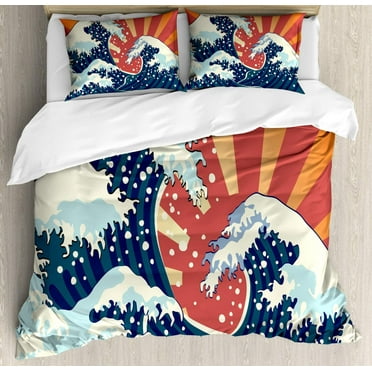 Ambesonne Japanese Wave Duvet Cover Set, Japanese Painting Style Summer Seasonal Backdrop Surf Water Abstract Sunset, Decorative 3 Piece Bedding Set with 2 Pillow Shams, Queen Size, Coral Queen Coral