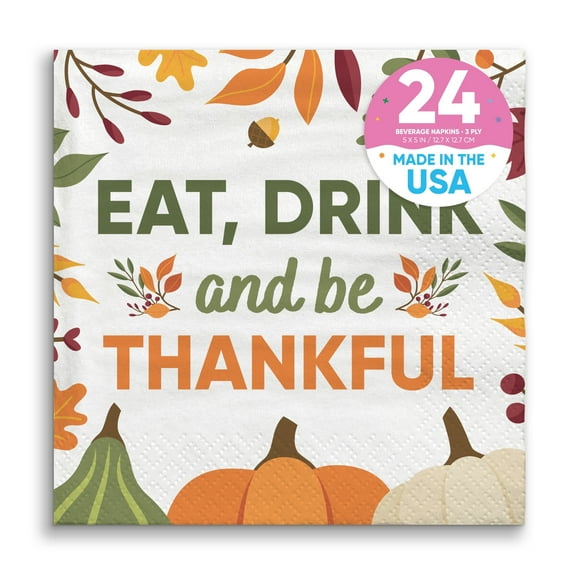 Big Dot of Happiness Eat Drink and Be Thankful Napkins, Friendsgiving Thanksgiving Party Decor, White 3-Ply Paper Beverage Cocktail Napkins - 24 Count