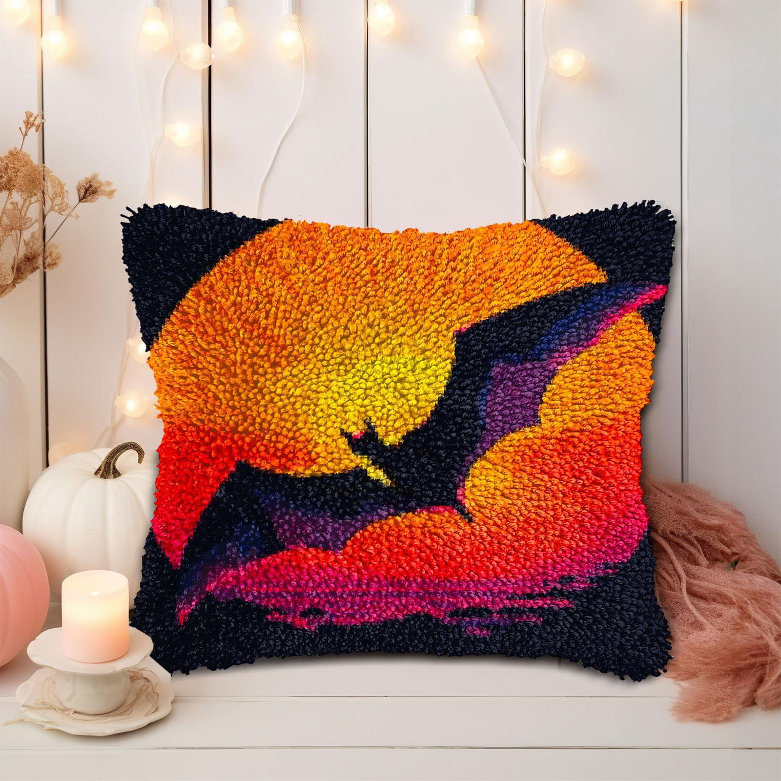 Sunset and Flying Bat DIY Latch Hook Pillow Kits for Adults Printed Pillowcase Crochet Yarns Hooking Handmade Pillow Cover Cushion for Home Sofa Decoration 17x17inch