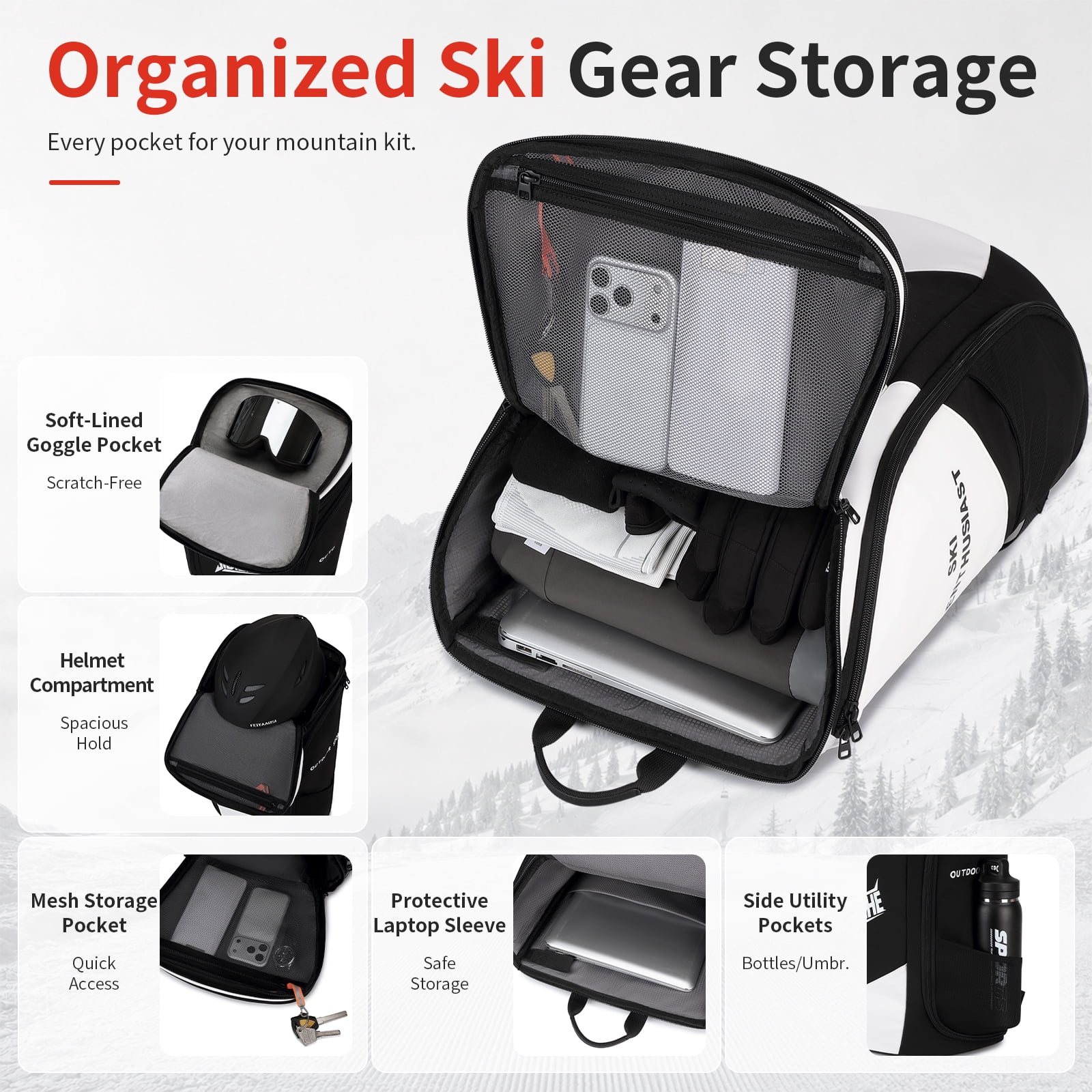 JIDIZHE Ski Boot Backpack Water-Resistant Textured Fabric 12.6 x 7.5 x 20.5 in for Snow Travel, Black and White