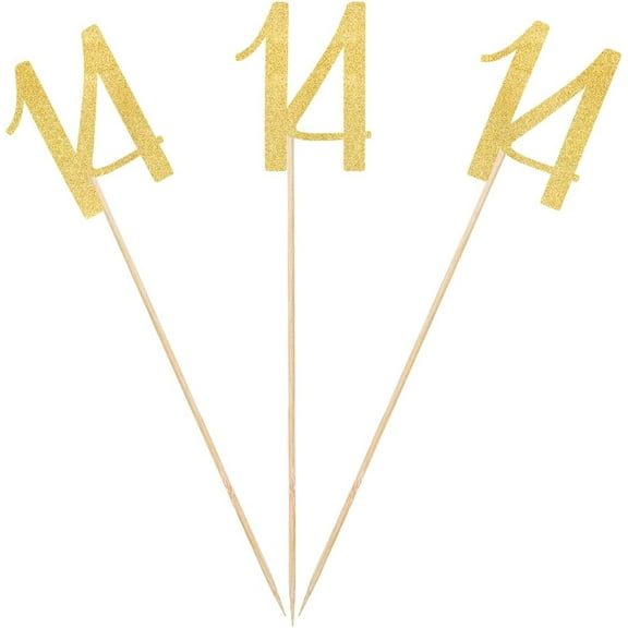 Gold Glitter 14th Birthday Centerpiece Sticks, 12-Pack Number 14 Table Topper Anniversary Party Decorations