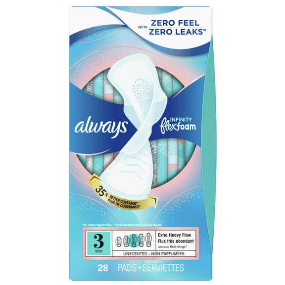 Always Infinity Feminine Pads with wings, Size 3, Extra Heavy Absorbency, unscented, 28 Ct