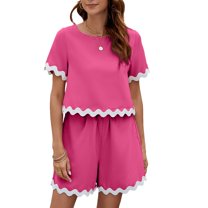Viluyesy Summer Tops Short Pants 2PC Women Round Neck T-Shirt and Shorts Set Fashionable Stripe Shirt and Shorts Sets Two PC Hot Pink Size S