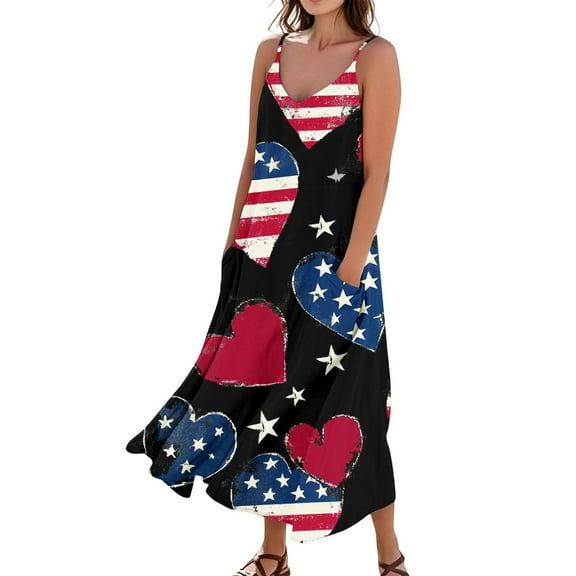 Women's V-Neck Sleeveless American Flag Print Summer Beach Dress, Casual Loose Fit Maxi Long Sundress with Pockets for Independence Day Outfit 4th of July,Black L