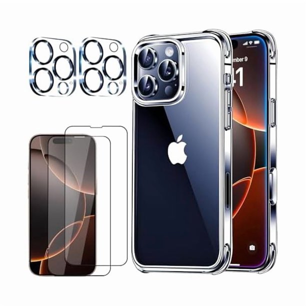 Chenchen 5 in 1 Clear Case for iPhone 16 Plus 6.7-Inch, with 2 Screen Protector and 2 Camera Lens Protector, 9H Edge Protection Tempered Glass Film, Shockproof Drop Transparent Protection Cover
