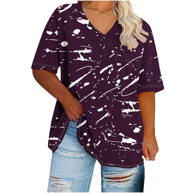 Plebaso Hauts Grande Taille pour Femmes Col en V Manches Courtes Tee Graphique Décontracté Ample Tunique Blouses d'Été pour Femmes