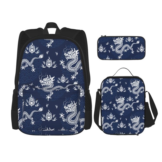 Disketp Dragon Mochila Estampada de Gran Capacidad con Lonchera y Estuche, Set de 3 Piezas para Estudiantes