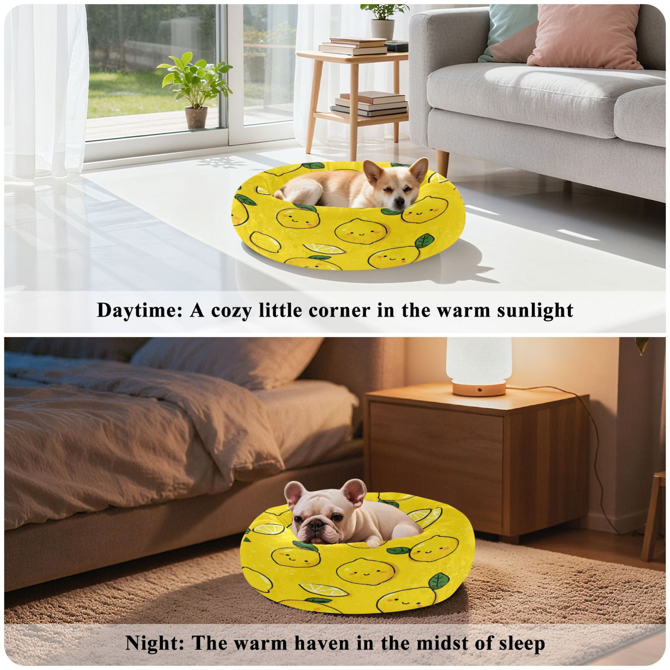 Iauyy Pet Couch Donut Cat Bed for Indoor Cats/Small Dogs Washable & Machine with Non-slip Bottom Calming Cat Furniture, Lemon Cartoon Wallpaper (M)