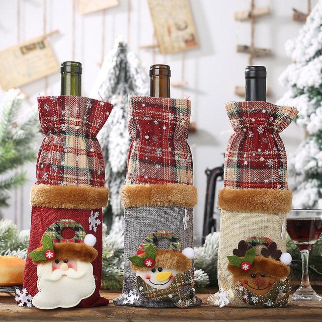 Bolsa de botella de vino tinto Cubiertas de botella de vino Bolsa de botella de vino Envoltura de regalo con cordón Decoración de patrón de Papá Noel (3 piezas de bolsas de botella) Ba