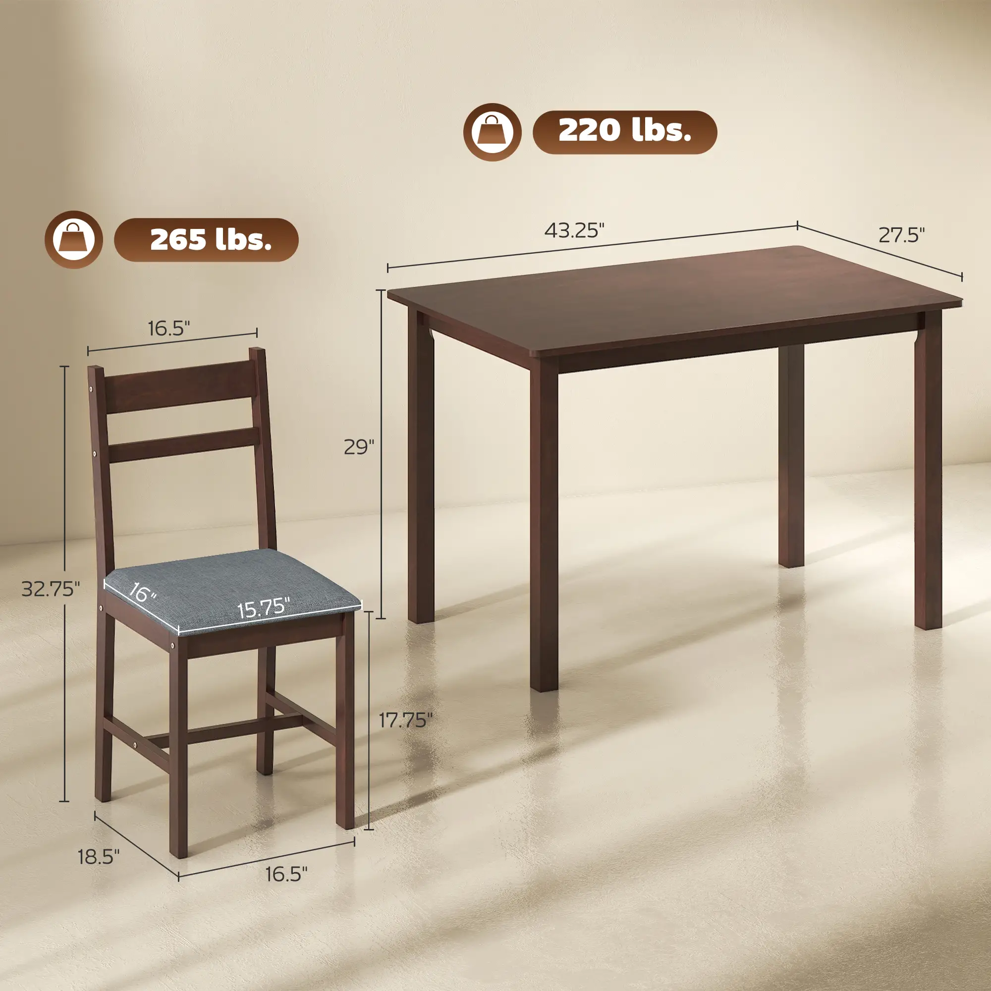 5-Piece Dining Room Set for 4, Rubberwood Table and Chairs with Linen Upholstery, Gray/Walnut
