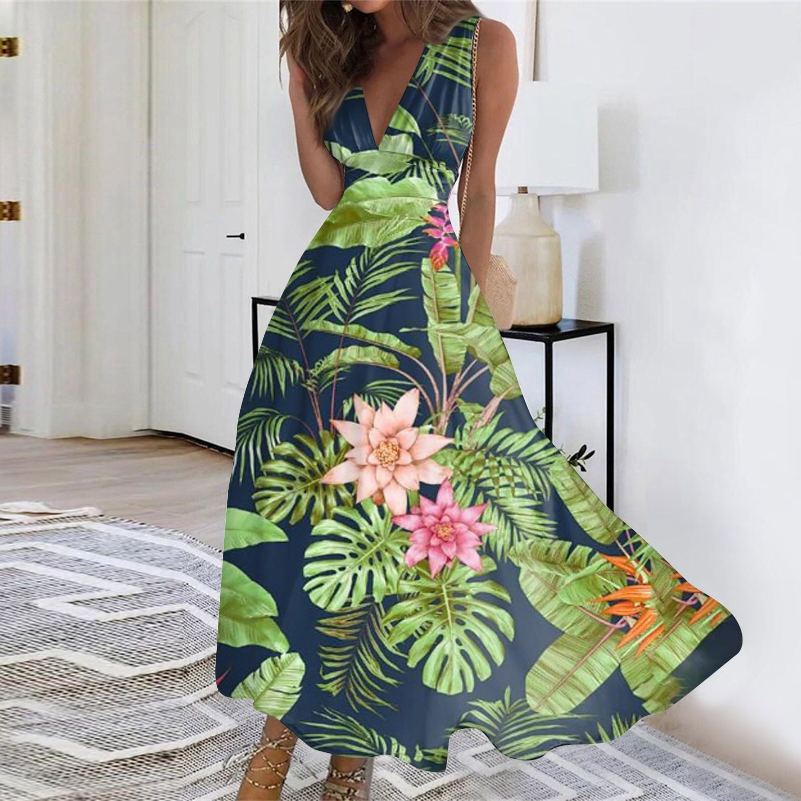 Qcmgmg Hawaiian Dress for Women Tropical Casual V Neck Beach