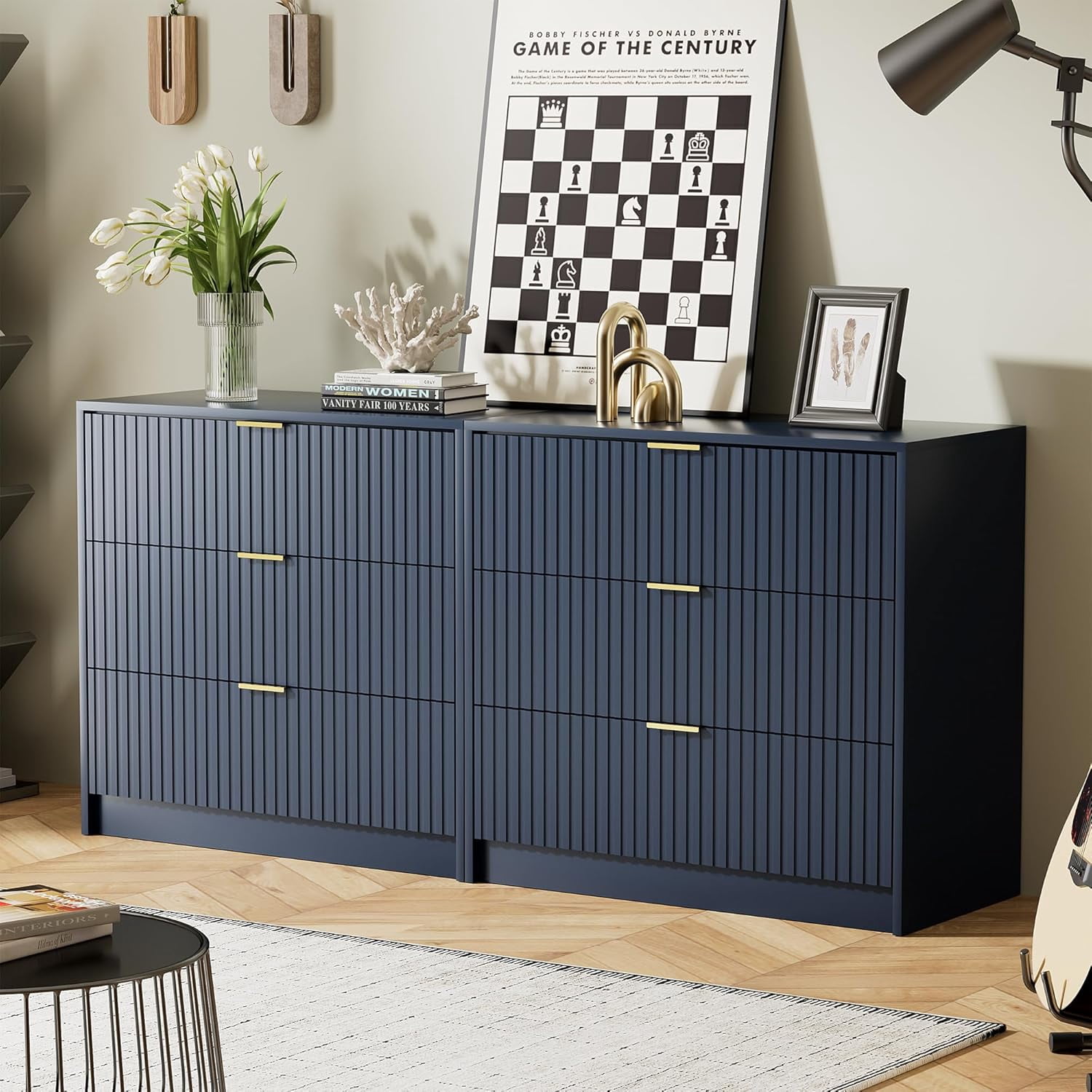 Navy Blue Dresser for Bedroom, Modern Dresser with 3 Drawers and Smooth Slides, Wide Chest of Drawers with Golden Handles for Bedroom, Living Room, Closet, 15.7" D x 31.5" W x 29.6" H