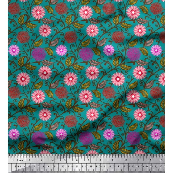 Soimoi Japan Crepe Satin Fabric Swirl,Leaves & Floral Artistic Printed Fabric 1 Yard 42 Inch Wide