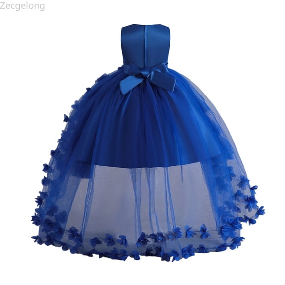 Zecgelong Elegant Girls Dress With Floral Detachable Train For Pageant Recital Performance Party Girls Floral Dresses Size 2-3 Years Blue