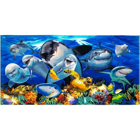 Dawhud Direct Ocean Animals Beach Towel for Kids, Girls, Boys, Men, Women, Dolphin Shark Turtle Whale Bath Towel Print 30" x 60" Pool Towel Super Soft Plush Cotton Dolphin Shark Turtle Whale Towel