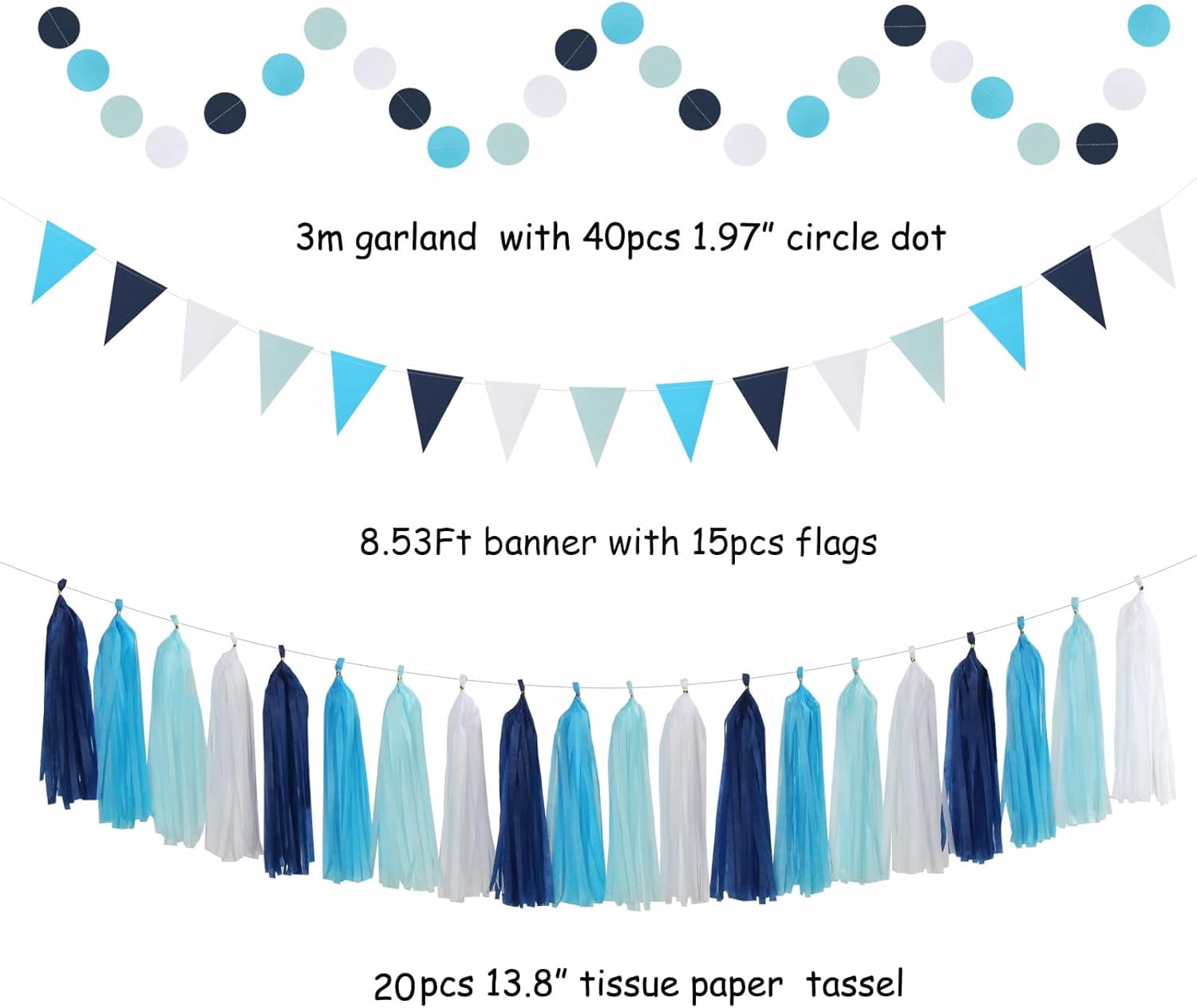 NestE Light Royal Navy-Blue White Party-Decorations - 33pcs Kits Banner, Streamers Tassel Garland,Tissue Pom Poms Honeycomb, Paper Lantern Fans,Birthday Bachelorette Bridal Wedding Baby Shower Decor