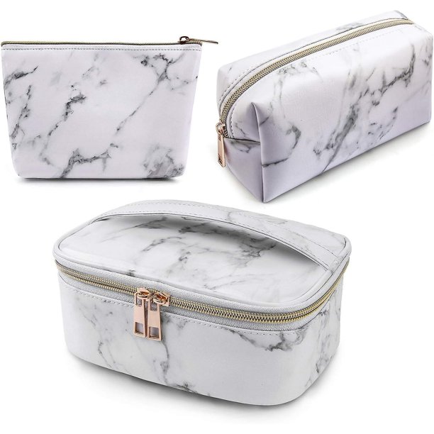 Bolsa de cosméticos de 3 piezas, bolsa de cosméticos de viaje portátil, bolsa de almacenamiento impermeable, bolsa de cosméticos de mármol con cremallera dorada multifuncional para