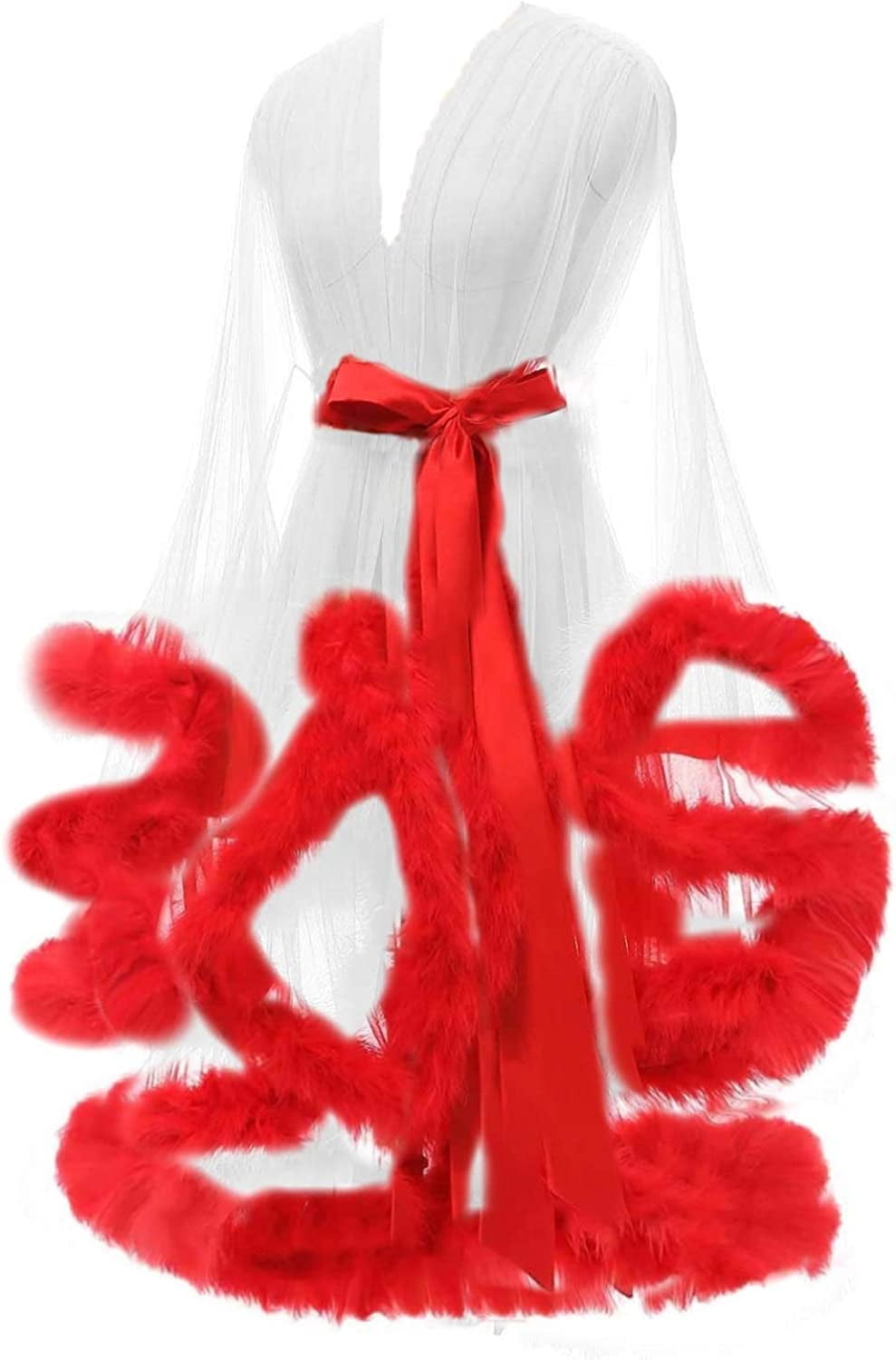 Yexinbridal Tulle Feather Robe Sexy Sheer Mesh Fur Bridal Illusion