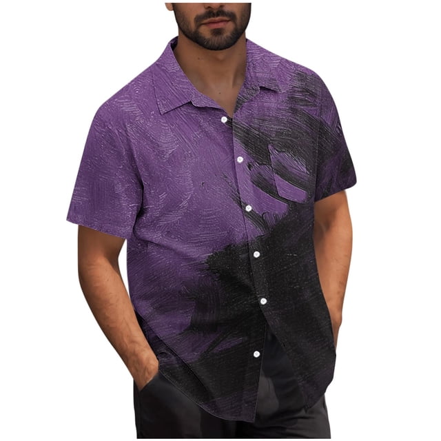Mens Casual Manga Corta Botón Abajo Camisas Turndown Cuello Blusa de Impresión, Poliéster Ligero Top de la Moda para el Verano Al Aire Libre Y el Uso Diario