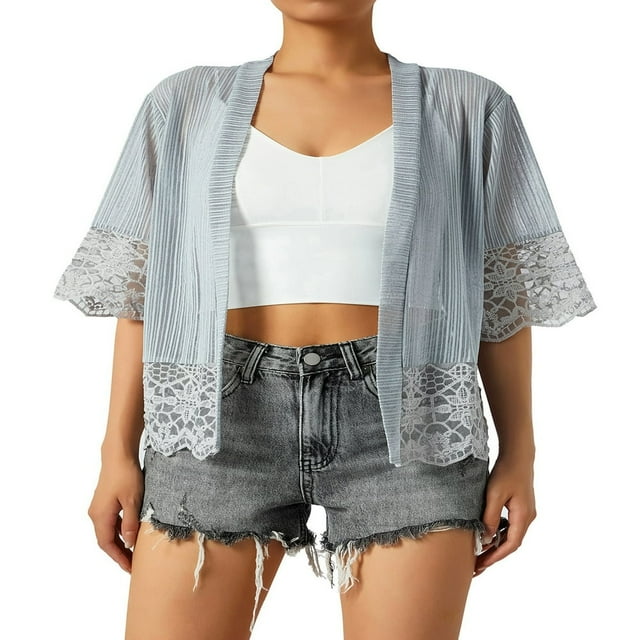 Blouse Boléro Transparente pour Femmes, Cardigan à Manches Courtes en Dentelle Patchwork Couleur Unie