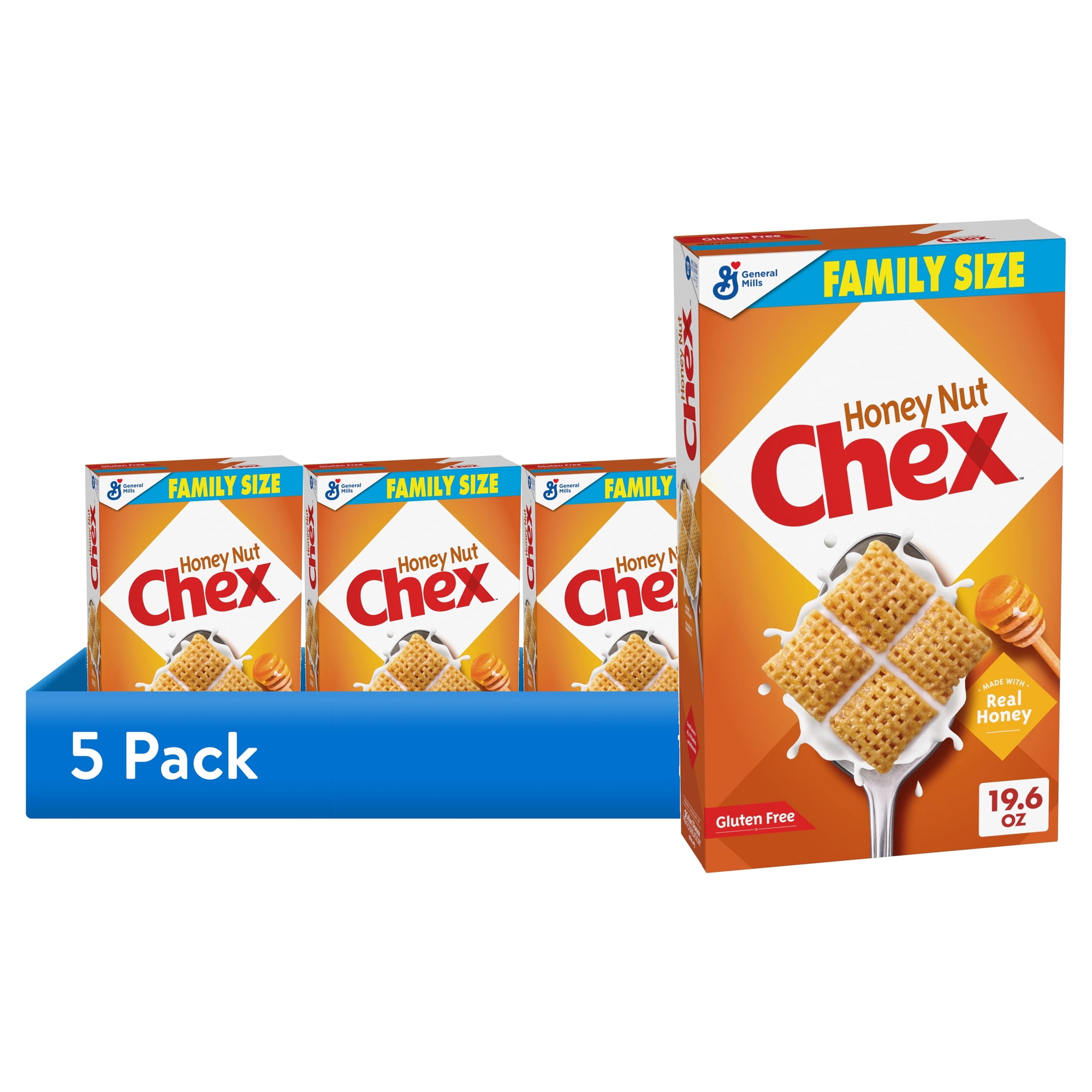 (5 pack) Honey Nut Chex Cereal, Gluten Free Breakfast Cereal, Family Size, 19.6 oz