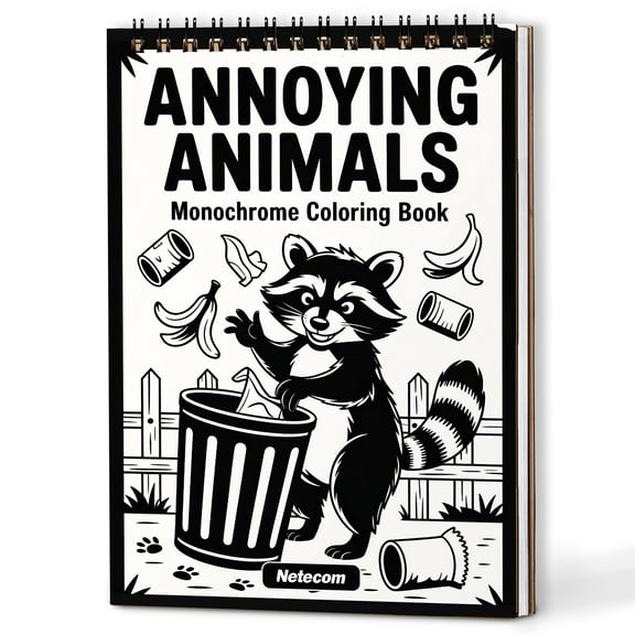 Annoying Animals Monochrome Coloring Book Spiral Bound for Adults, A5 Wooden Cover, Relaxing One-Color Illustrations with Noisy Birds and Funny Creatures for Mindfulness, Stress Relief