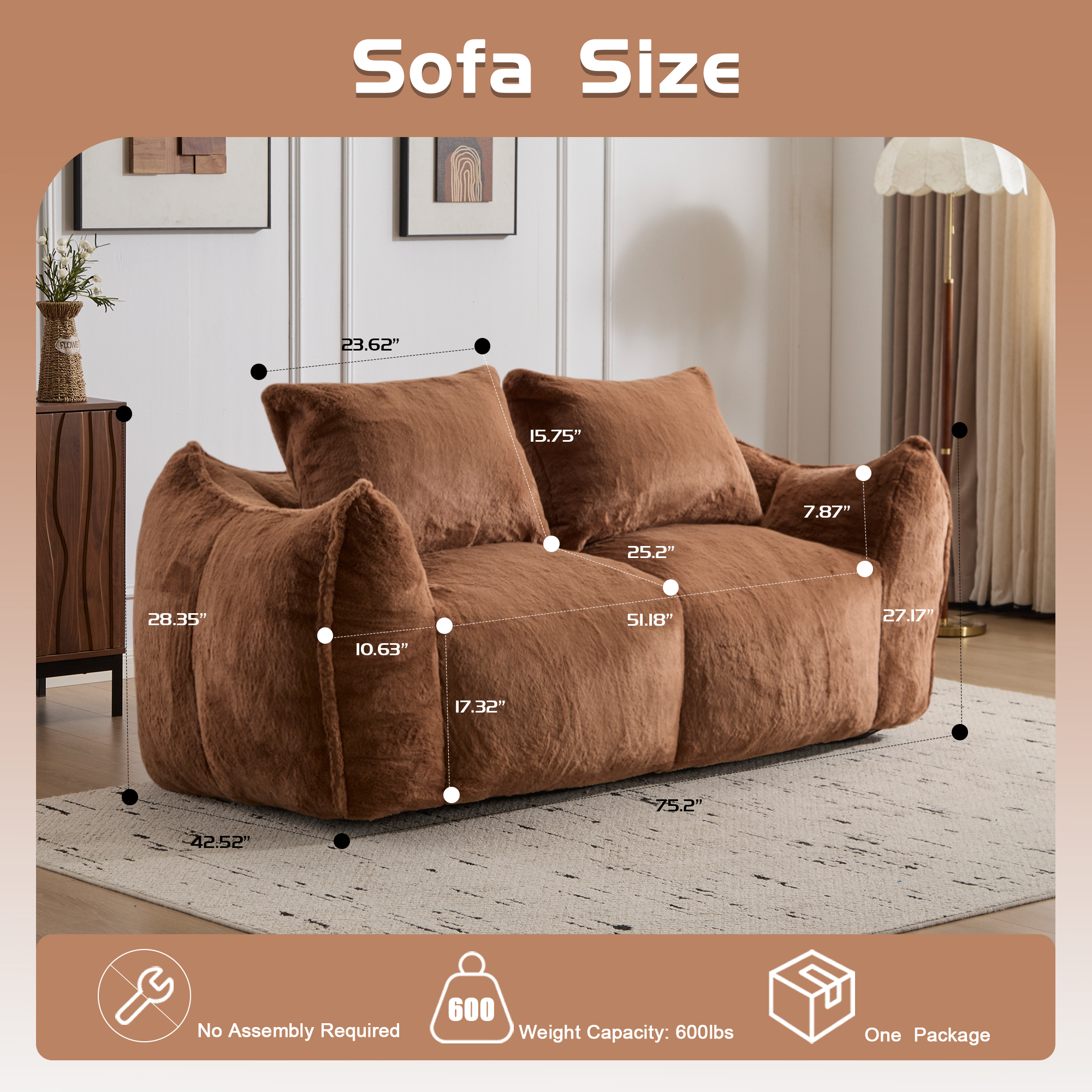 Aukfa Faux Fur Loveseat, 25" Deep Seat Giant Bean Bag Sofa for Living Room, Brown