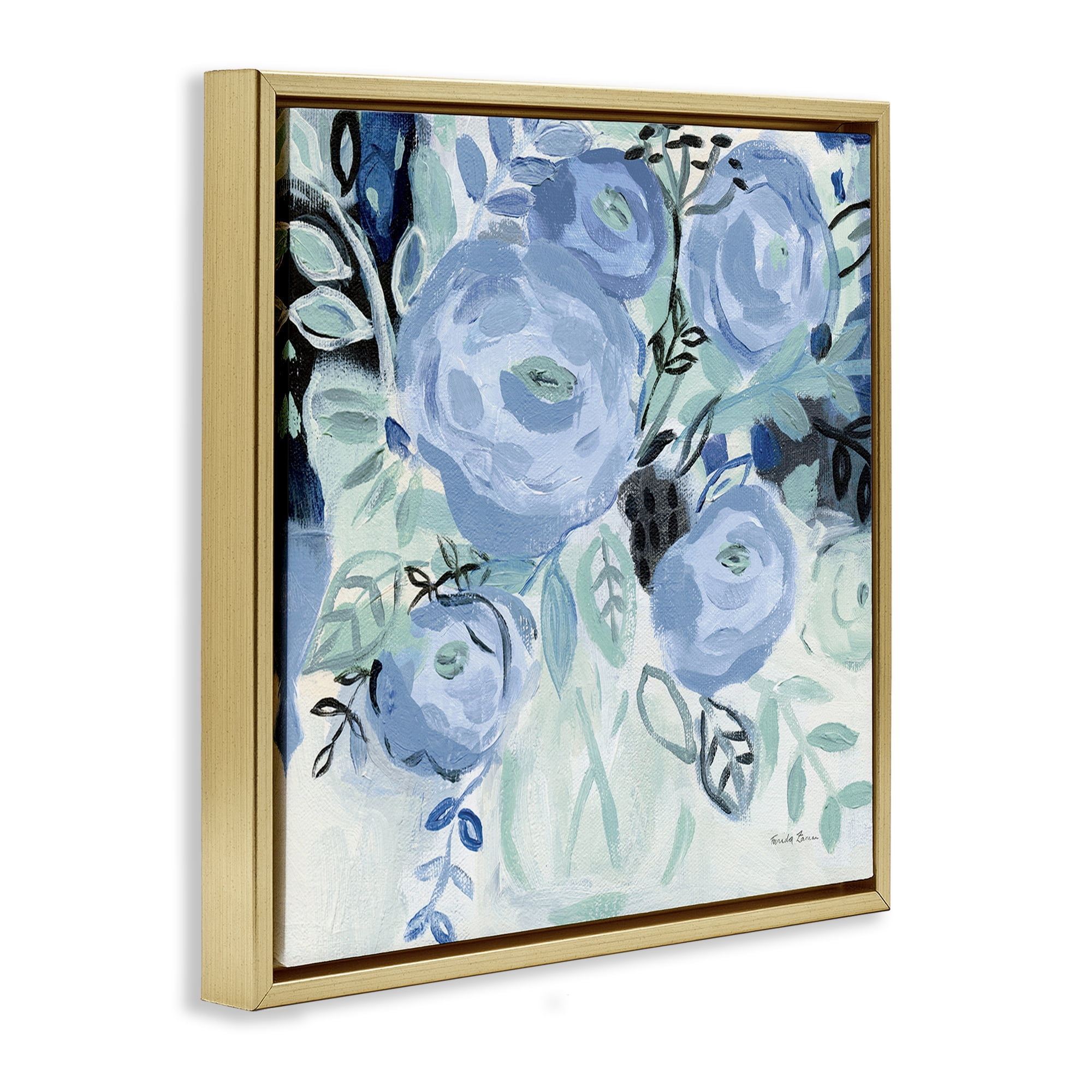 Stupell Industries Blue Coastal Blooms Botanical & Floral Painting Gold Floater Framed Art Print Wall Art, 18 x 18