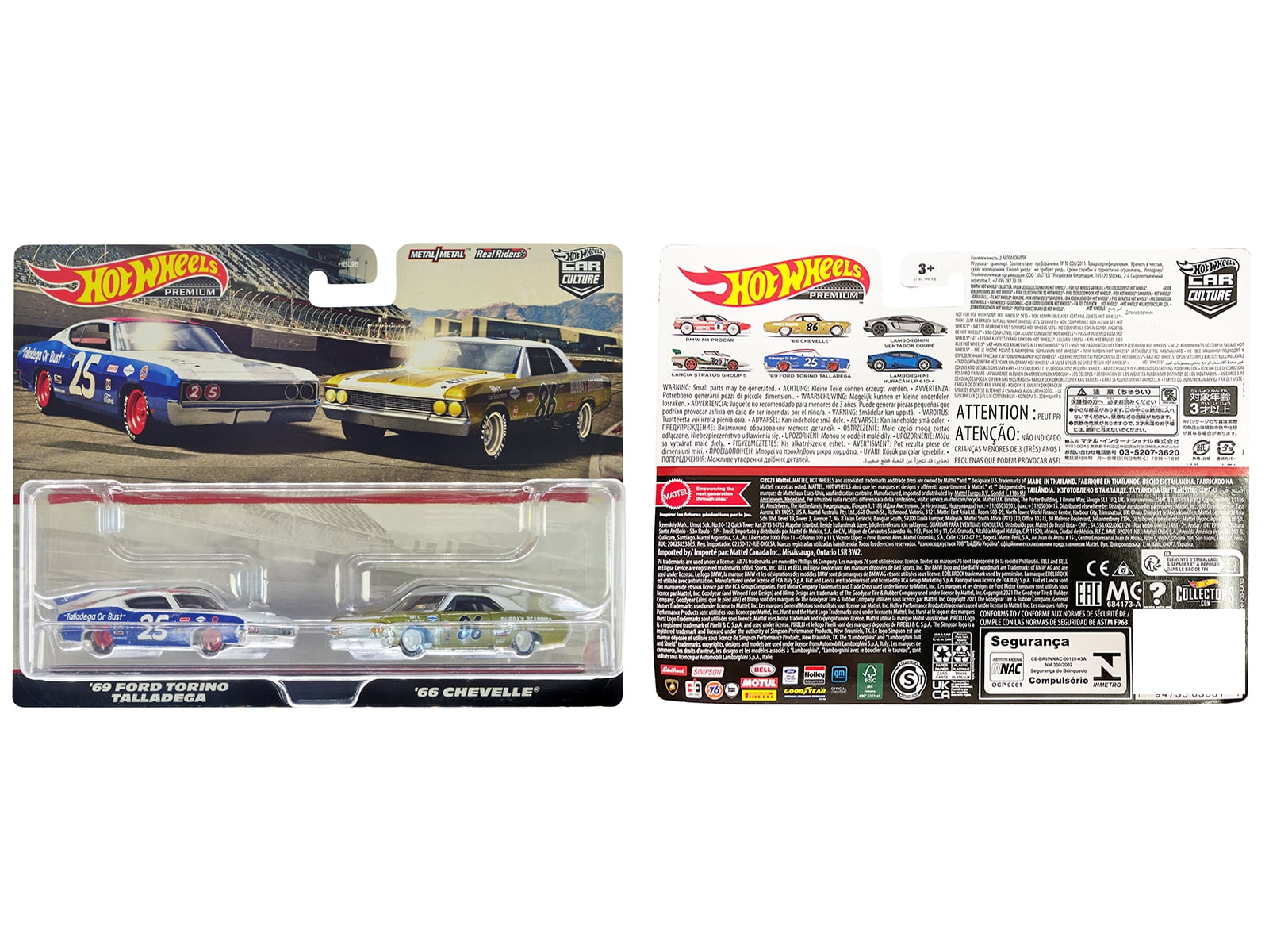1969 Ford Torino Talladega #25 White & Blue w/Red & 1966 Chevrolet Chevelle #86 Gold w/White Diecast Model Cars by Hot Wheels