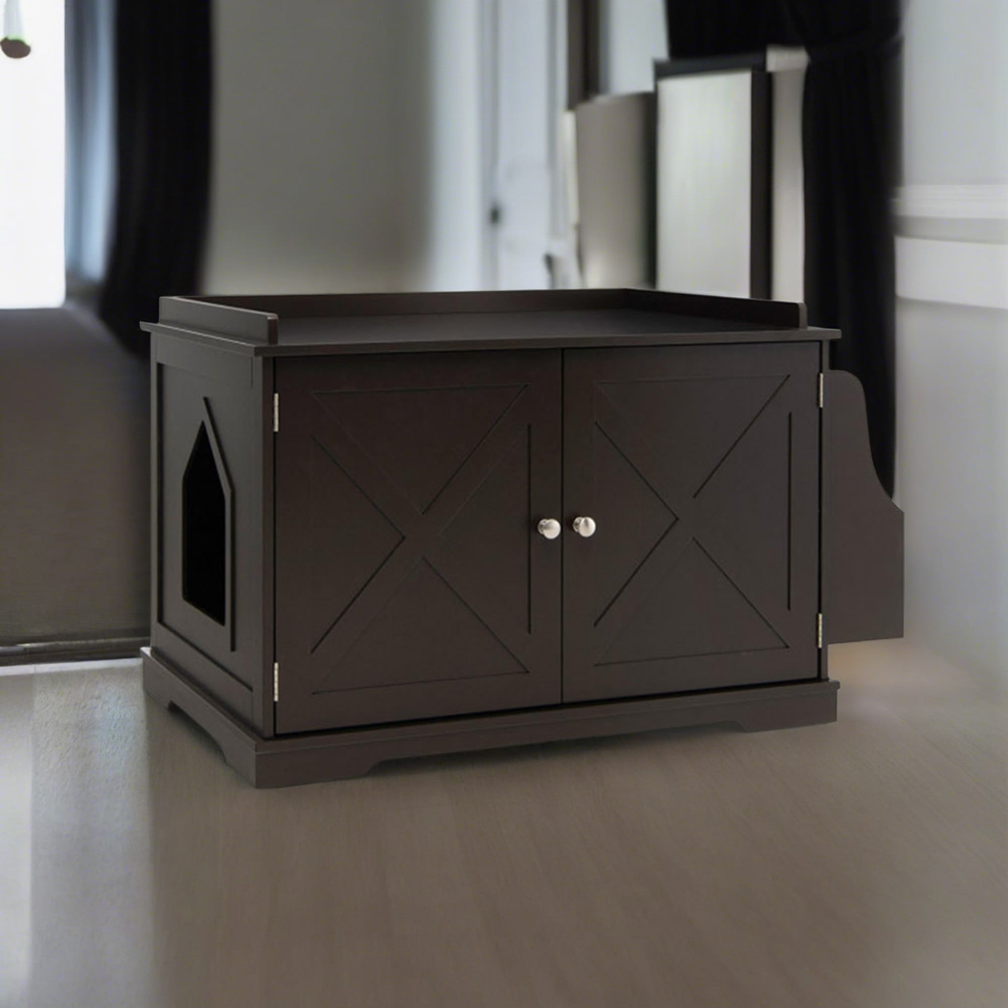 Pefilos 34" Large Cat Litter Box Enclosure, Wood Hidden Cat House Washroom Furniture for Living Room, Bedroom, Bathroom with Magazine Rack, Brown