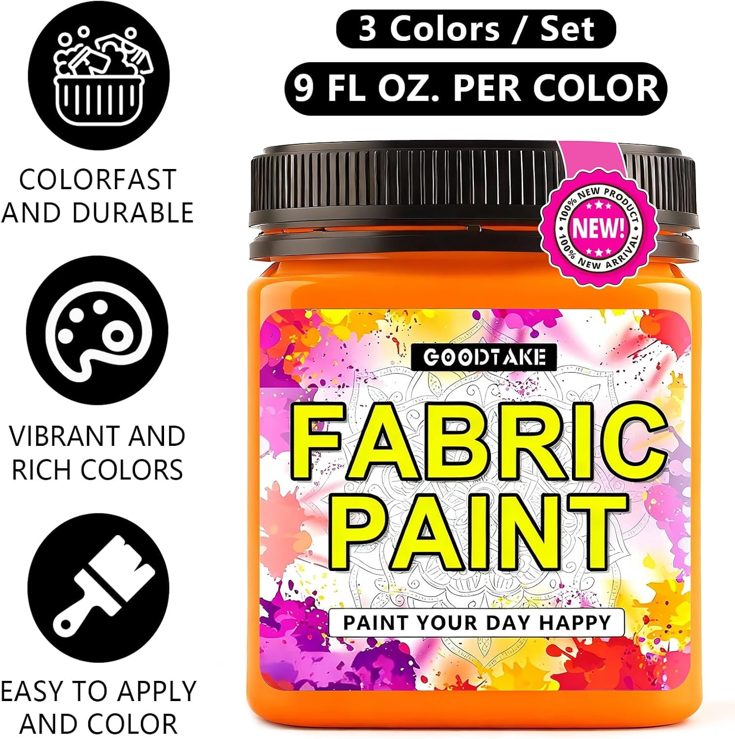 GOODTAKE Fabric Paint Set of 3 Colors - Pink, Orange, Sky Blue - 250ml (9 Fl Oz) Each - Permanent Acrylic Paint for Fabric & Clothes - for DIY T-Shirts, Jeans and Textile Art Projects