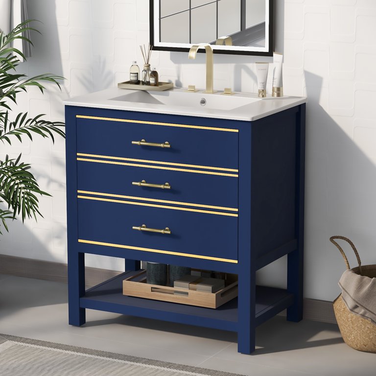 Roomfitters Modern 30inch Navy Blue Bathroom Vanity Cabinet Combo