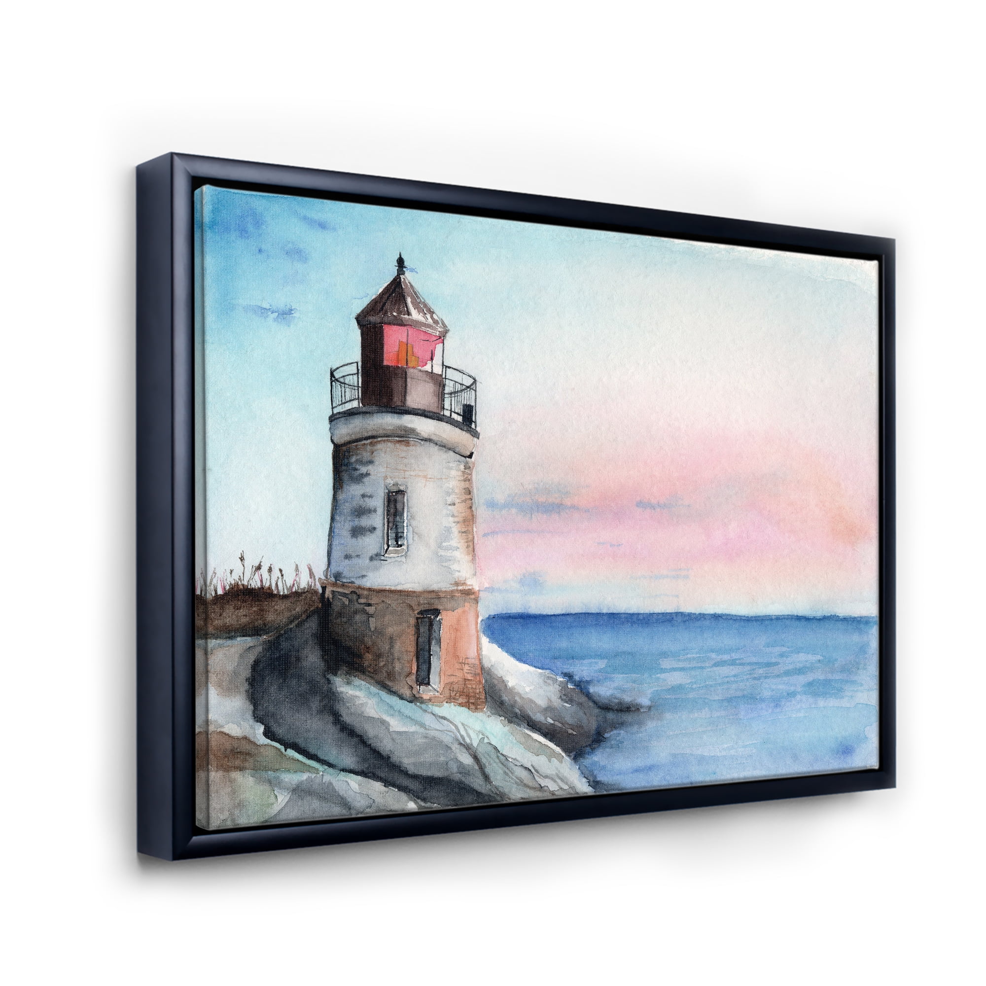 Designart 'A Lighthouse On A Rock Shore At Dawn' Nautical & Coastal Framed Canvas Wall Art Print