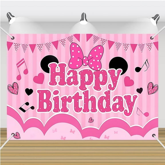 Happy Birthday Pink Mouse Party Supplies Banner Pink Cartoon Dot Birthday Party Backdrop Banner with Bow Design 5*3FT