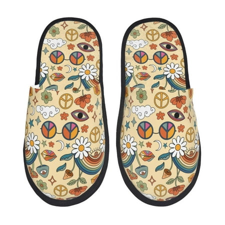 Balery Mushrooms And Rainbows Peace Slient Indoor Furry Fleece Comfort House Shoes Soft Non-Slip Home Shoes Cotton slippers House Slippers-- Medium