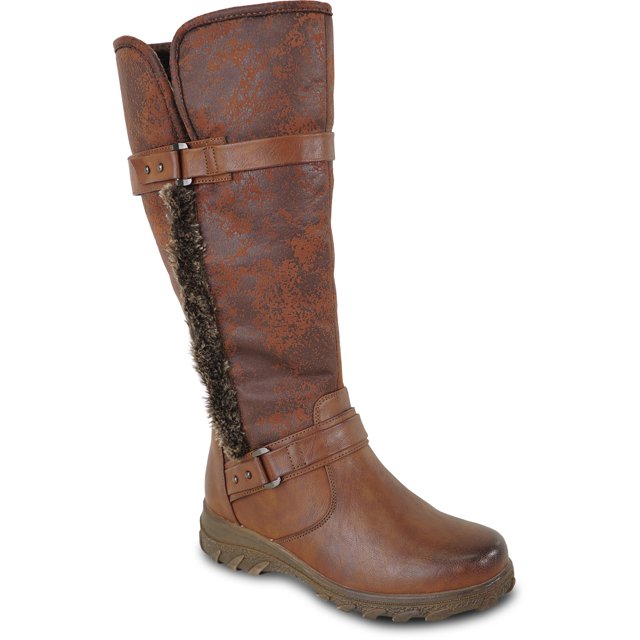 kozi Canada Women Waterproof Knee High Wide Calf Winter Casual Riding Boot ELEA-6 Fur Boot Side Zipper Removable Insole Brown - Order Half Size Up