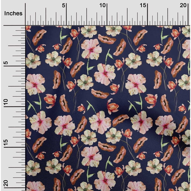 oneOone Polyester Lycra Navy Blue Fabric Flower Watercolor Craft Project Decor Fabric Print By The Yard 56 Inche Wide