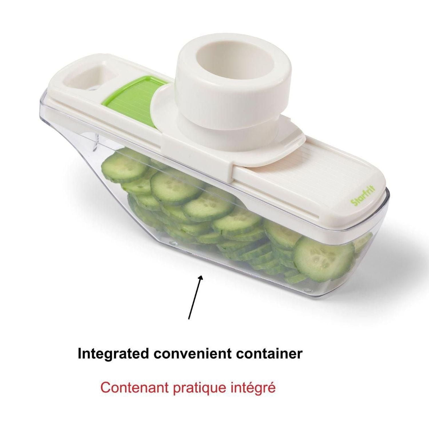 Starfrit Precision Slicer - Compact Mandoline - Perfect for Garlic & Ginger - 2 Thicknesses - Self Feeding Pusher - Food Container