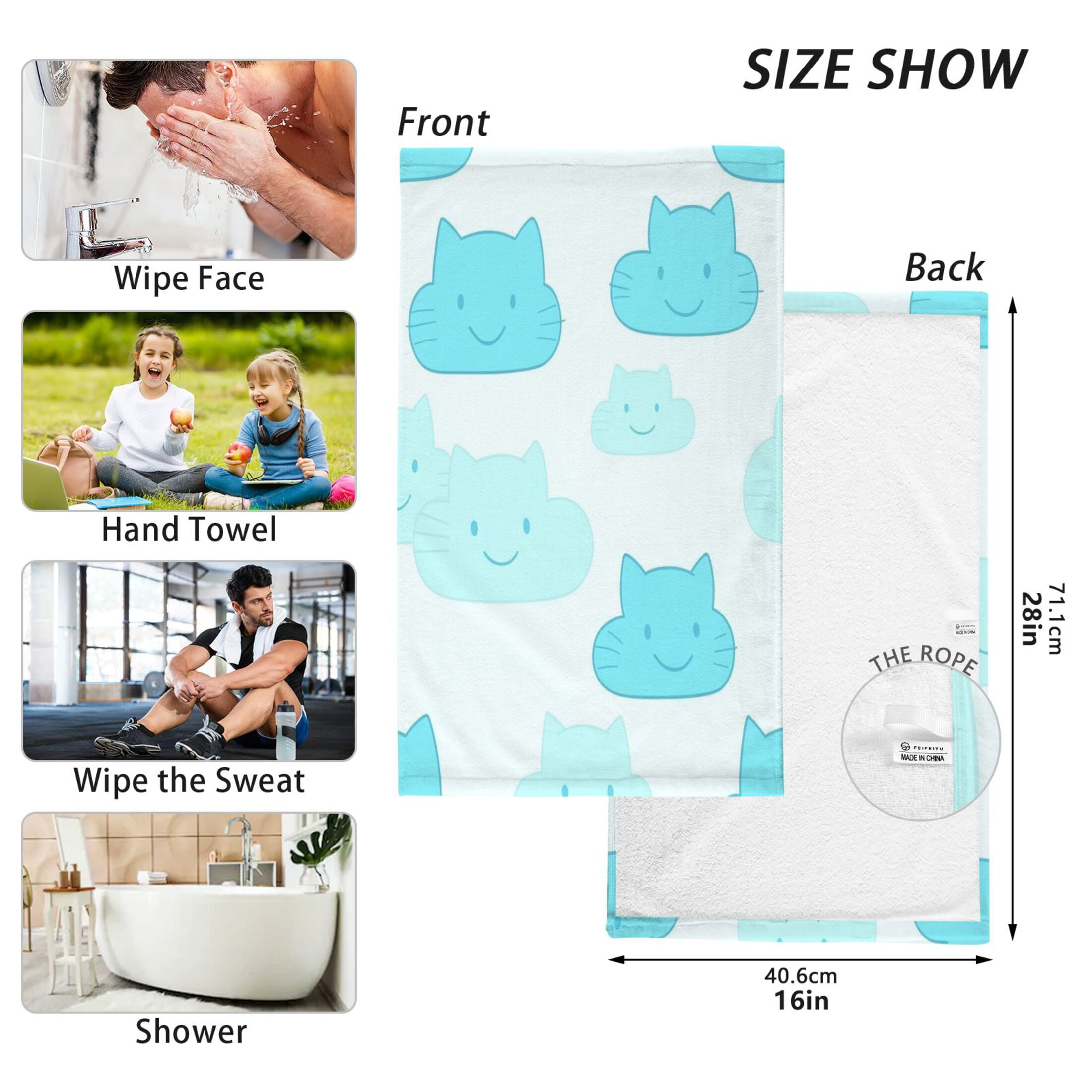 Cat Faced Clouds Pattern Set of 2 Pure Cotton Towels, 16'' x 28'', Highly Absorbent and Soft