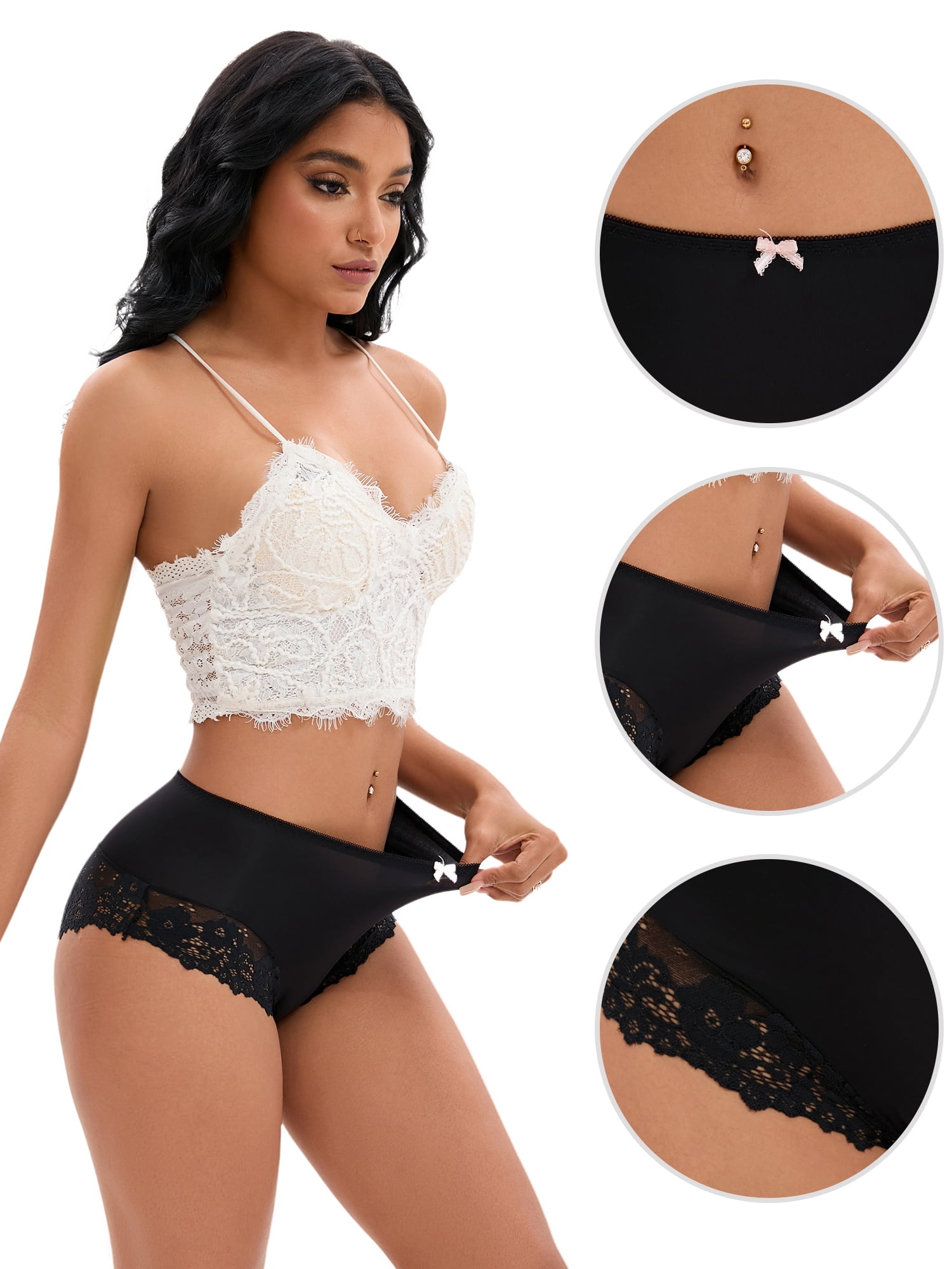 DARING DIVA Women's Lace Underwear Mid-Waisted Briefs Full Coverage Panties XL Black