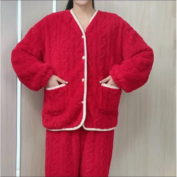 Conjunto de pijama de terciopelo coral para primavera y verano, ropa de hogar de polar abierto de manga larga de franela jacquard 3D
