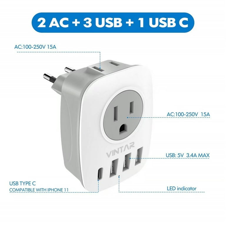 European Travel Plug Adapter USB C, US to Europe UK Adaptor with 2