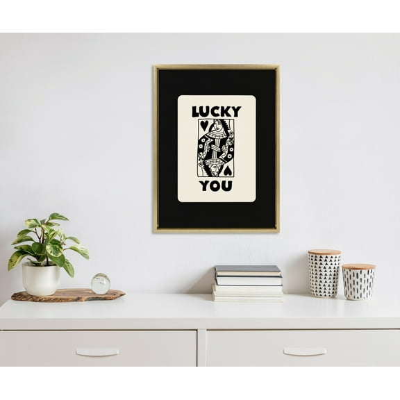 Kate and Laurel Sylvie Lucky You Framed Canvas Wall Art by Honey Island Studio, 18x24 Bright Gold, Cute Casino Deck of Cards Art for Wall