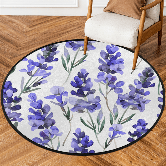 CURLYOOT Round Rug 3ft Lavender Purple Summer Area Rug, Washable Circle Mat Non Slip Floor Carpet Mat, Soft Indoor Rugs for Entryway Living Room Dining Room Bedroom