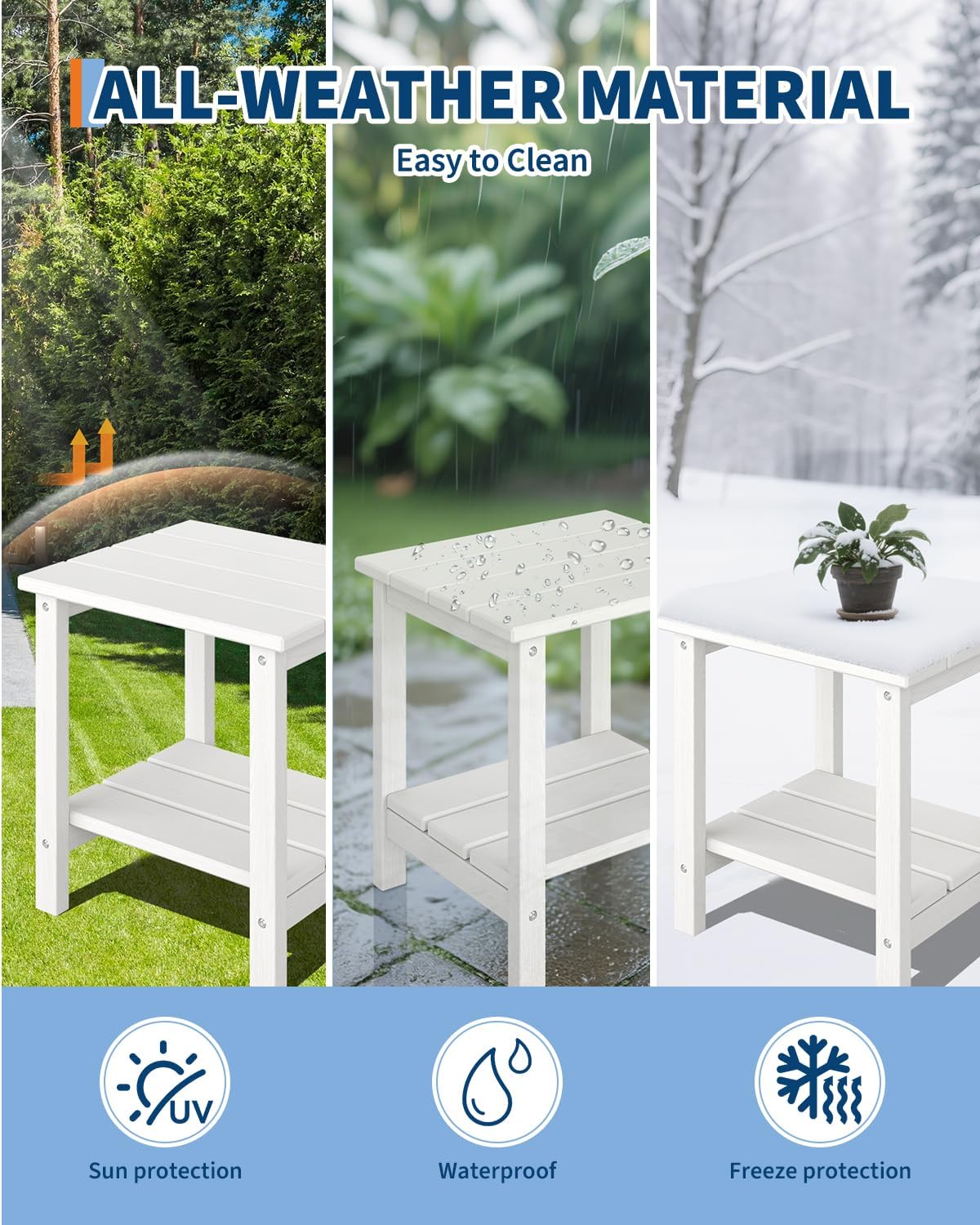 Senfot All-Weather HDPE Adirondack Side Table, 2-Tier Square Outdoor End Table White 2pcs