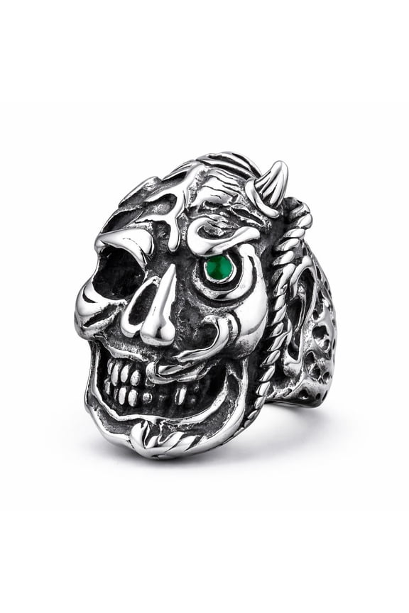 Skull Ring for Men, Stainless Steel Half Face Hannya Ring with Green Eye, Punk Rock Gothic Statement Jewelry (13)