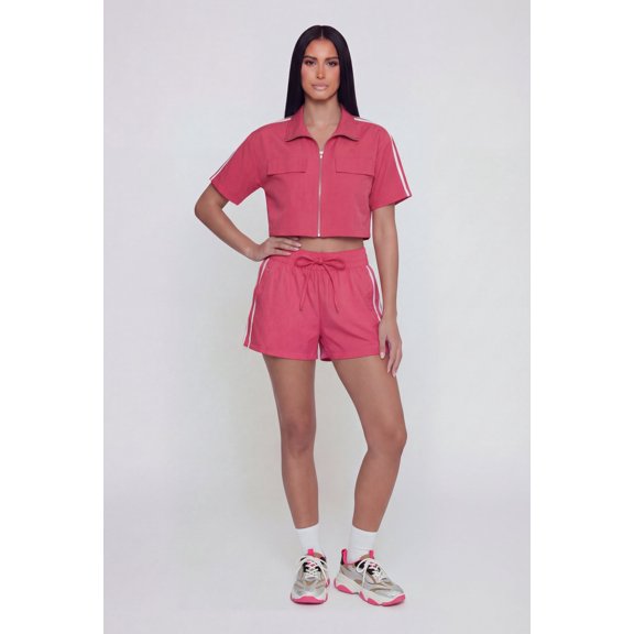 Women's Nylon Varsity Stripe Drawstring Waist Shorts