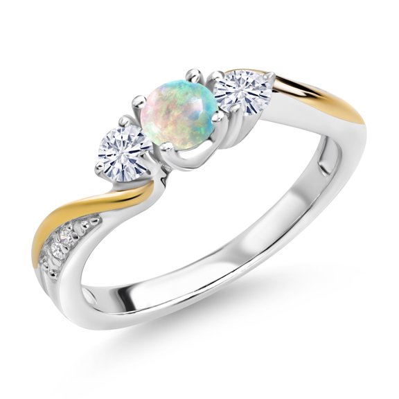 Gem Stone King 925 Silver and 10K Yellow Gold White Simulated Opal White Moissanite and White Lab Grown Diamond 3 Stone Engagement Ring for Women (0.48 Cttw, October Birthstone, Size 5)