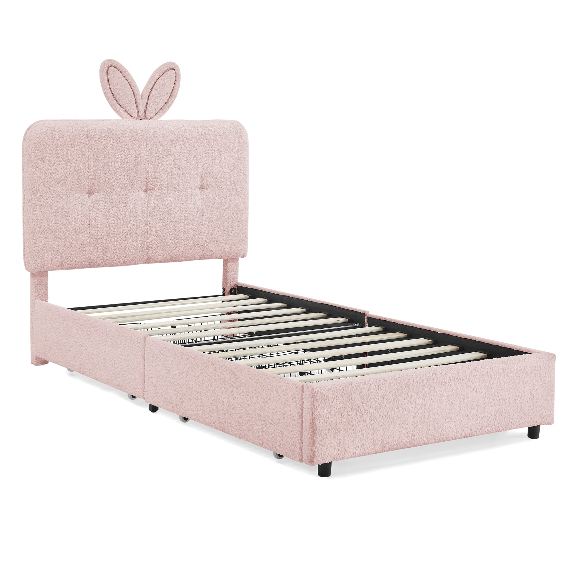 T-Joy Cute Upholstered Kids Bed with 4 Storage Drawers, Boucle Wooden Platform Bed with Rabbit Ear LED Light, Twin Size, Pink