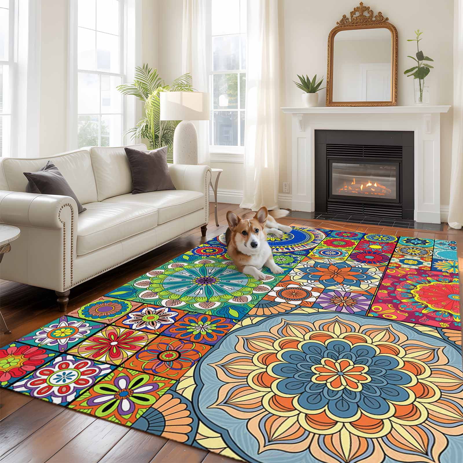 5x8 Area Rugs for Living Room, Colorful Ethnic Non Slip Area Rugs for Kitchen Bedroom Entryway, National Modern Geometric Blue Green Washable Carpet Runner Rug Floor Mats for Bedroom Home Decor